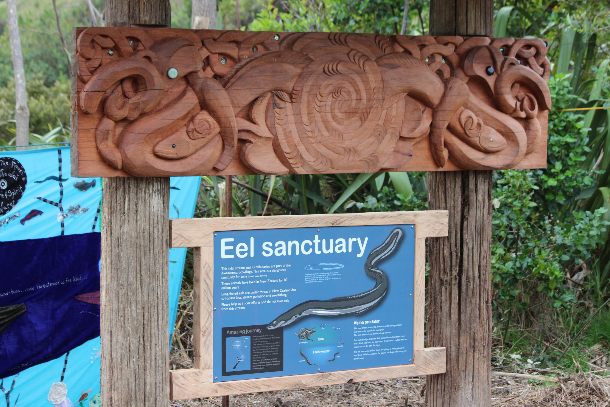 Eel sanctuary sign with wooden carvings at Awaawaroa Bay Eco-Village.