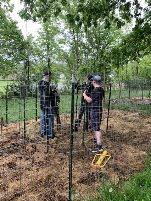 People working on a fenced outdoor project in a green, wooded area.