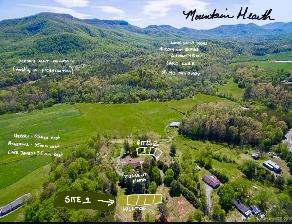 Aerial view of Mountain Hearth Village with labeled sites and natural landscape.
