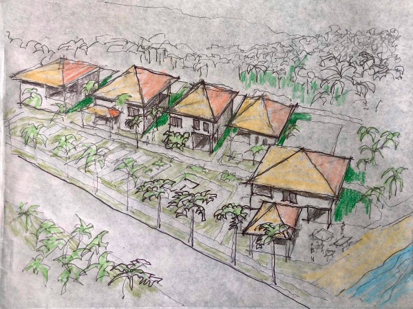 Hand-drawn sketch of eco-friendly community houses with lush greenery and water nearby.