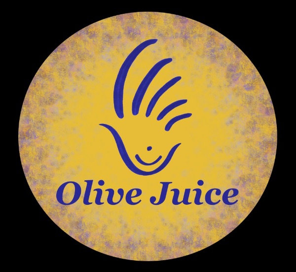 Olive Juice logo with a smiling hand and text on a yellow background.