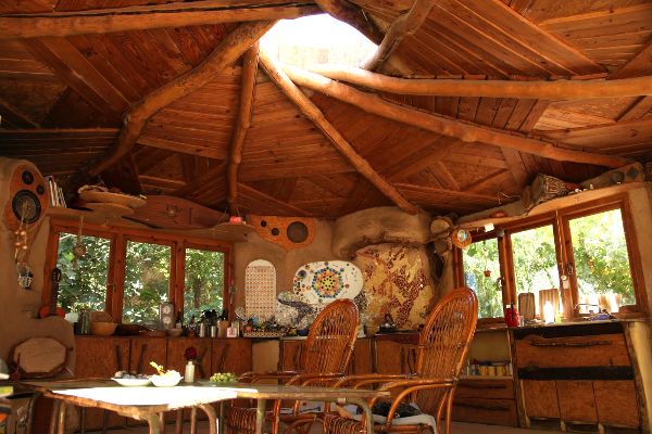 Interior of a cozy, eco-friendly wooden community space with natural decor.