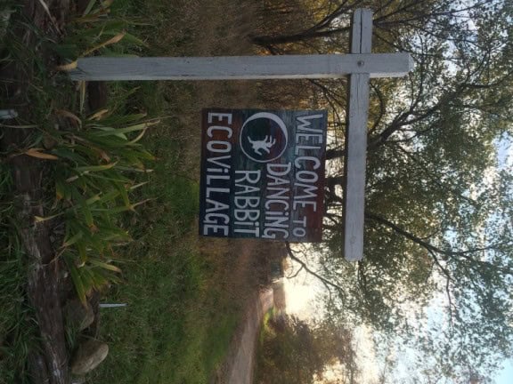 Welcome sign for Ecovillage and Dancing Rabbit Community.