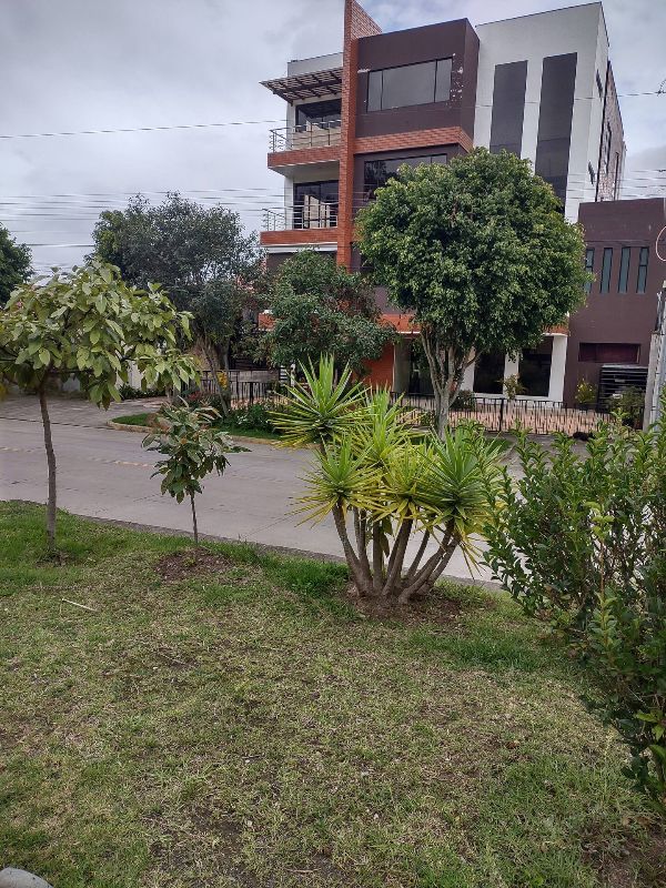 Modern multi-story building with greenery in front, located in an urban area.