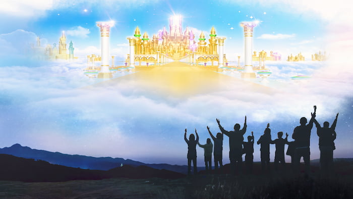 Children and adults watching a fantasy castle in the sky with clouds and stars.