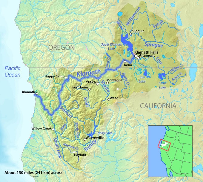 Map of Klamath River and surrounding areas in Oregon and California.