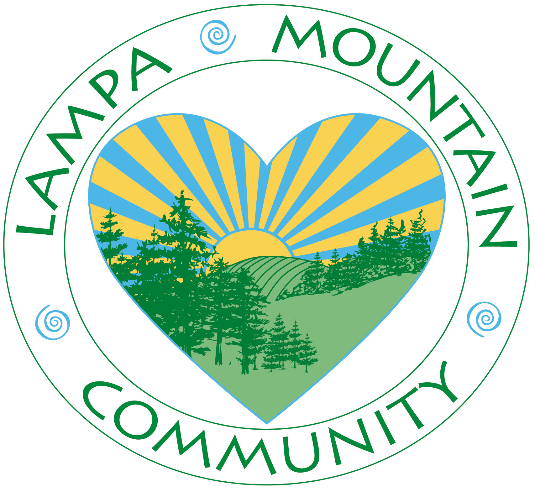 Lampa Mountain Community logo with heart-shaped landscape and sun rays.