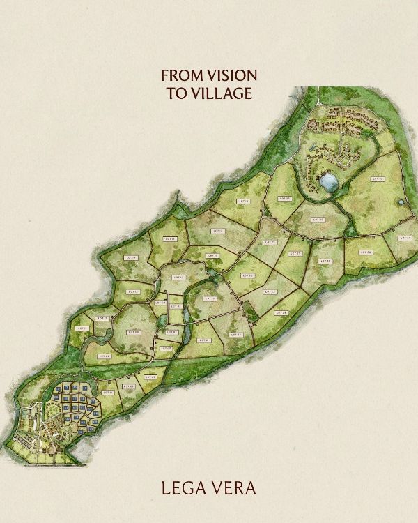 Map of Lega Vera community with village layout and natural surroundings.