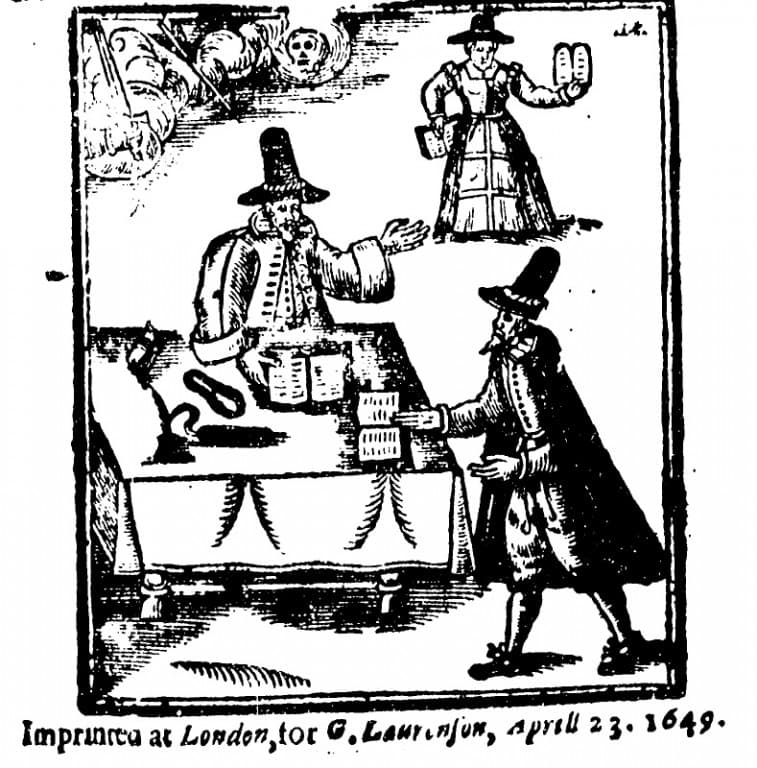 Historical 1649 print of a man at a desk with a woman offering a book or document.