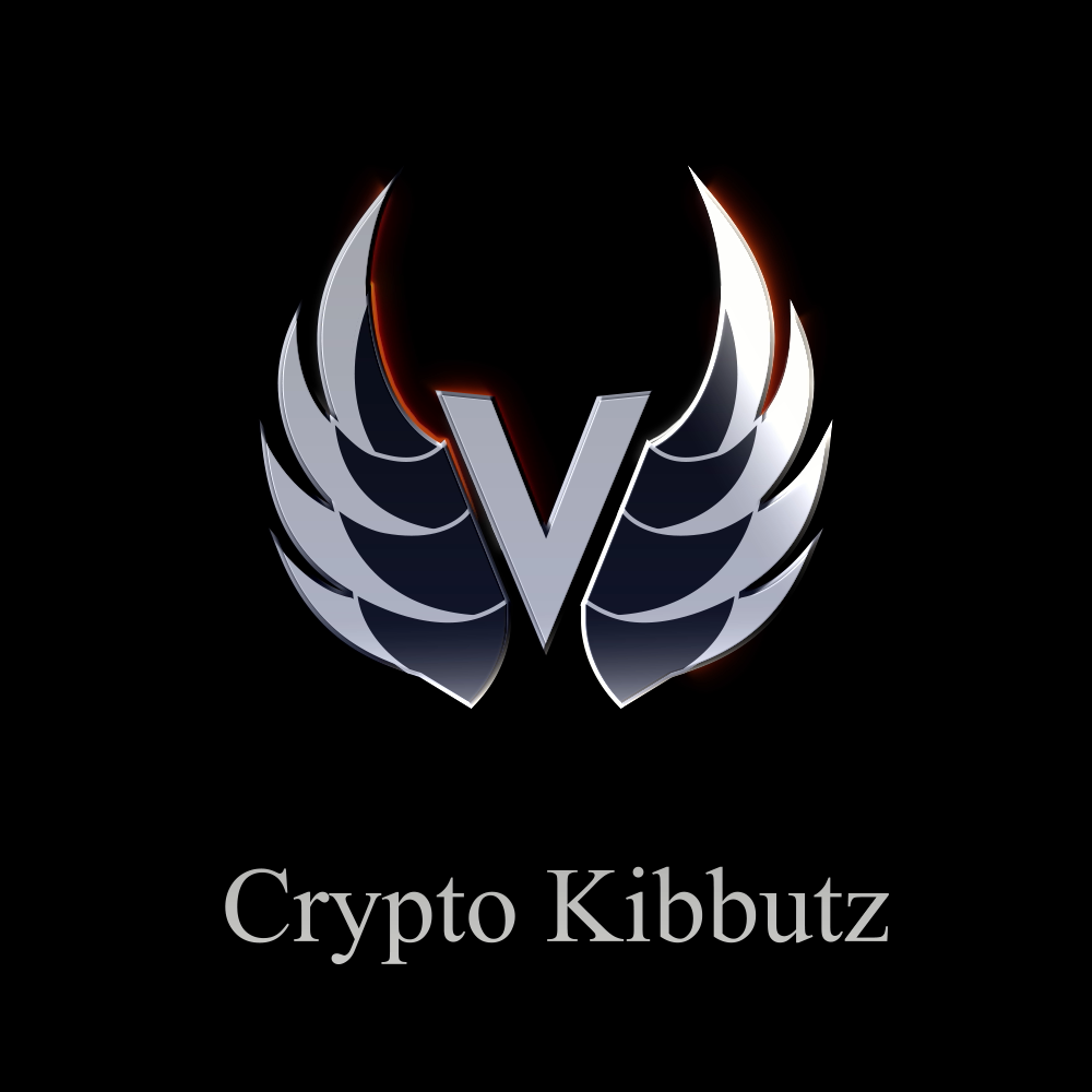 Crypto Kibbutz logo with stylized wings and a V on a black background.