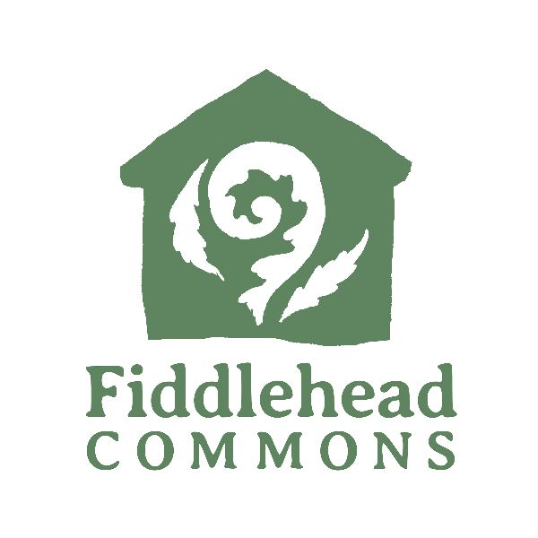 Fiddlehead Commons logo with house, fern, and spiral design in green.