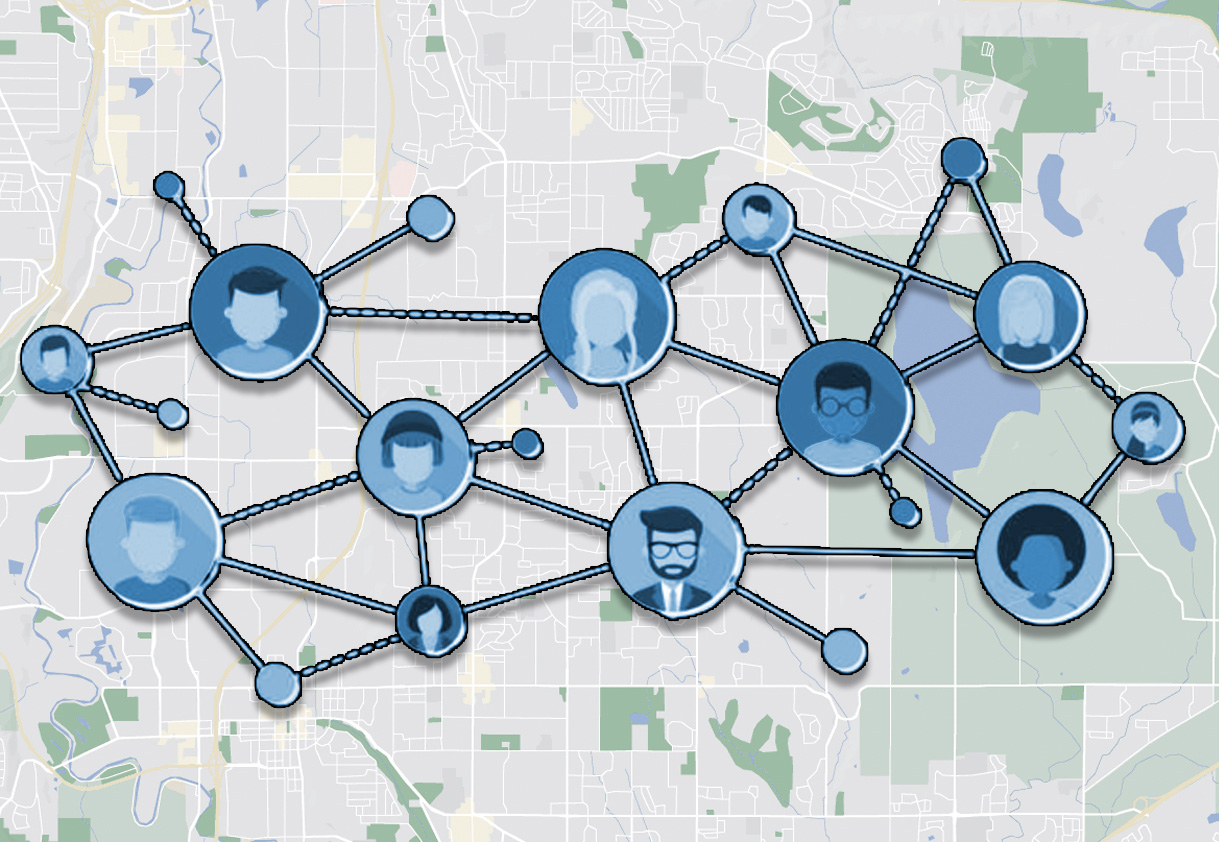 Network of diverse community members connected on a map for intentional living.