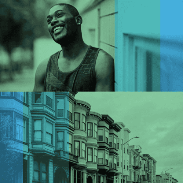 Diverse community with smiling individual and colorful neighborhood.