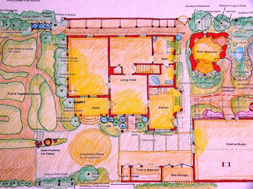 Colorful community garden and eco-friendly living space layout with solar and garden features.