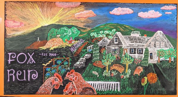 Colorful chalk drawing of Fox Run NH with nature and community scenes.