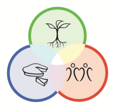 Venn diagram illustrating permaculture principles with plants, soil, and water.