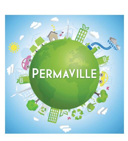 Permaville eco-friendly community with sustainable energy and green living.
