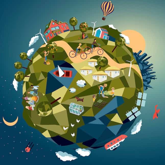 Illustration of sustainable community living with eco-friendly features and activities.