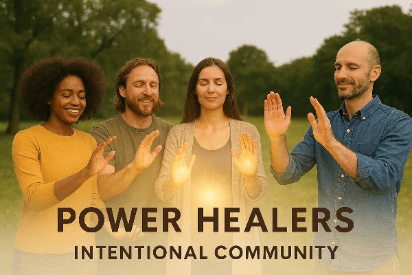 Group of diverse people practicing energy healing outdoors in a community setting.