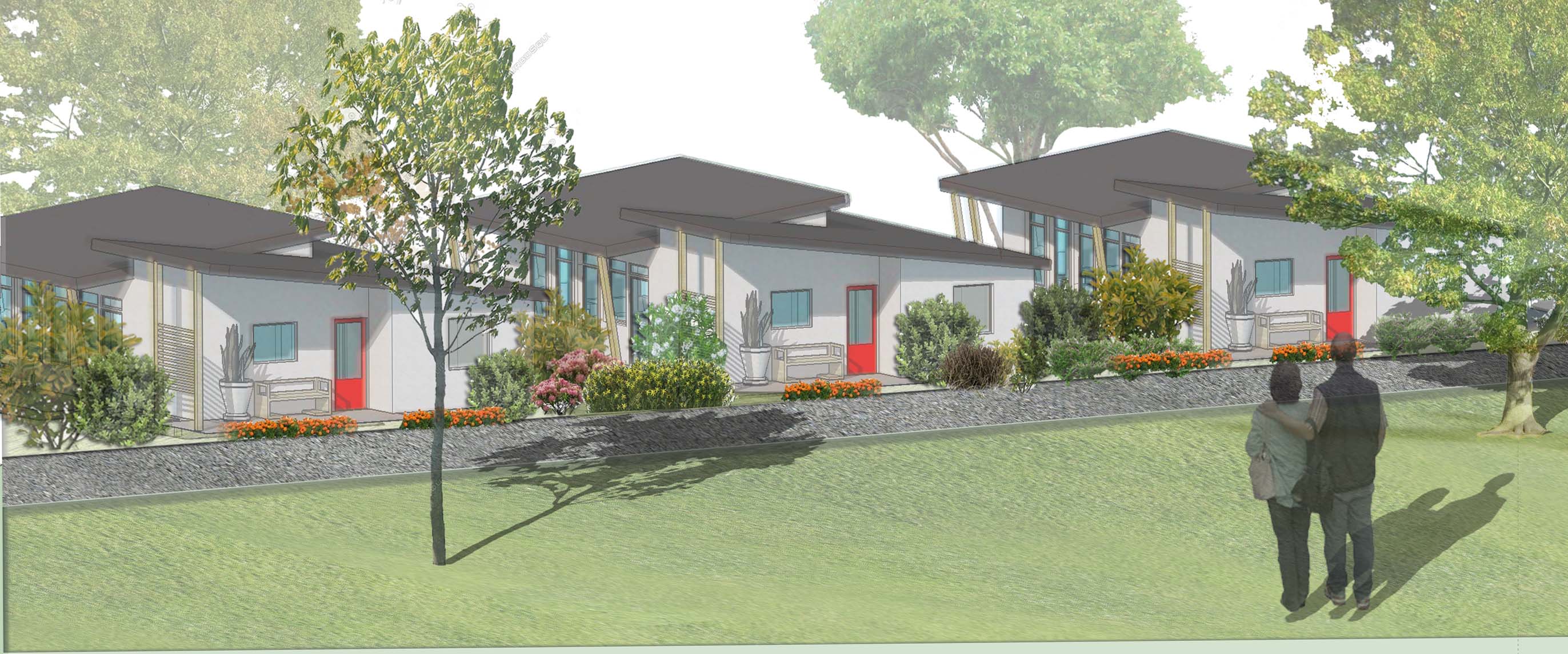 Modern eco-friendly community housing with lush greenery and walking paths.
