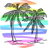 Colorful illustration of palm trees on a beach with rainbow-colored stripes.