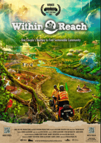 Cyclists riding through lush green landscape in a sustainable community setting.