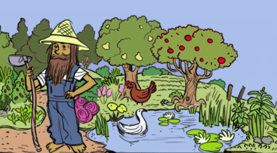 Farmer with a straw hat tending to a pond with ducks and fruit trees in a community garden.