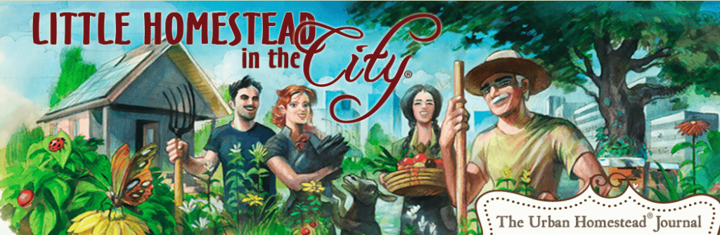 Colorful illustration of diverse people gardening and harvesting on a homestead.