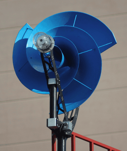 Blue wind turbine with spiral design for renewable energy generation.
