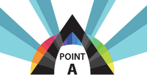 Illustration of a mountain with a point A marker and colorful rays.