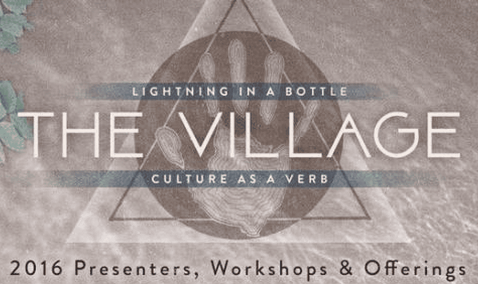 Logo for The Village by Foundation for Intentional Community, featuring a lightbulb and triangle.