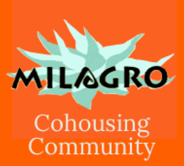 Milagro Cohousing Community logo with cactus illustration and orange background.