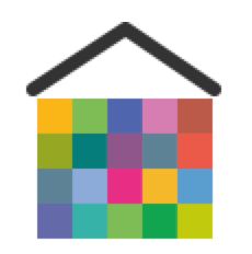 Colorful mosaic of squares forming a house shape for community living.