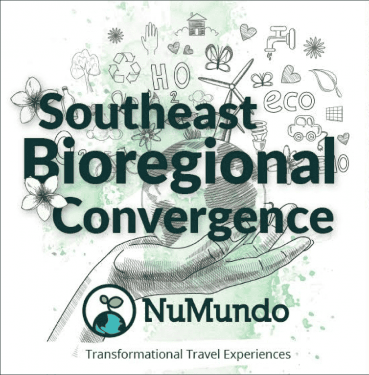 Southeast Bioregional Convergence event poster with eco and community symbols.