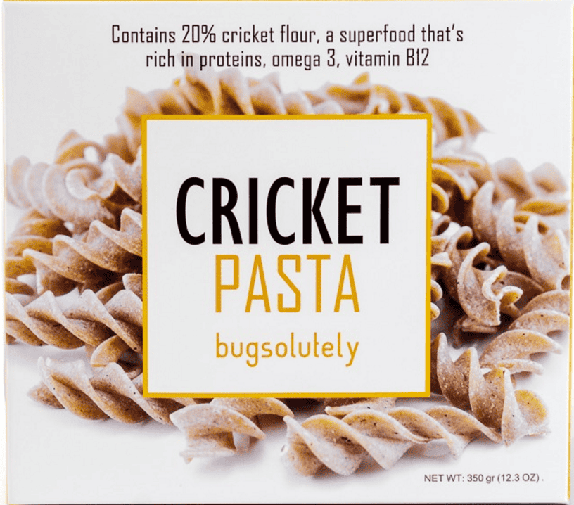 Cricket pasta packaging highlighting protein and omega 3 content.