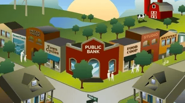 Illustration of a community with a public bank and local businesses.