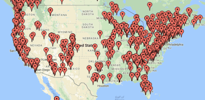 Map of the United States with numerous red location markers.