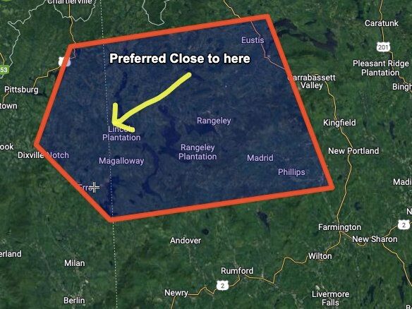 Map highlighting Rangeley Plantation area with preferred close-up zone marked.