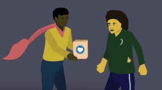Illustration of two people exchanging a card with a heart symbol.