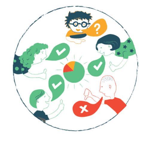 Team collaboration and decision-making process with checkmarks and cross symbols.