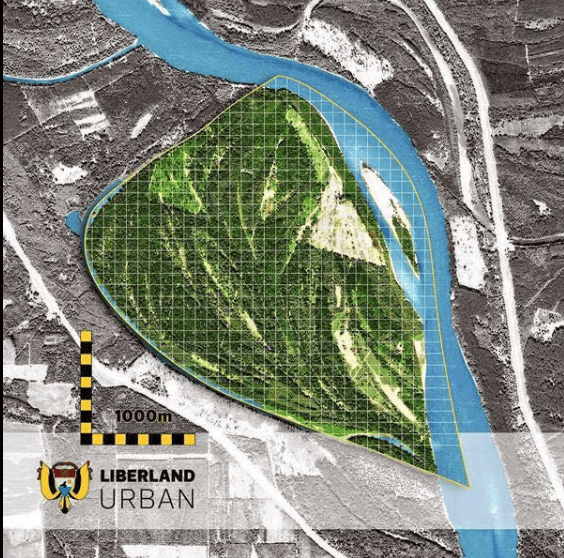 Aerial view of Liberland urban planning map with green zones and water bodies.