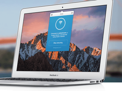 MacBook Air displaying Wi-Fi connection security alert with mountain background.