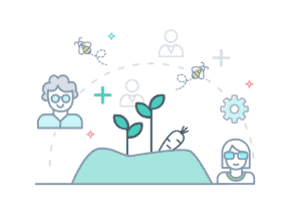 Illustration of community growth with plants, gears, and people icons.