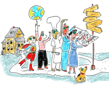 People holding signs and a globe in a community setting at Foundation for Intentional Community.