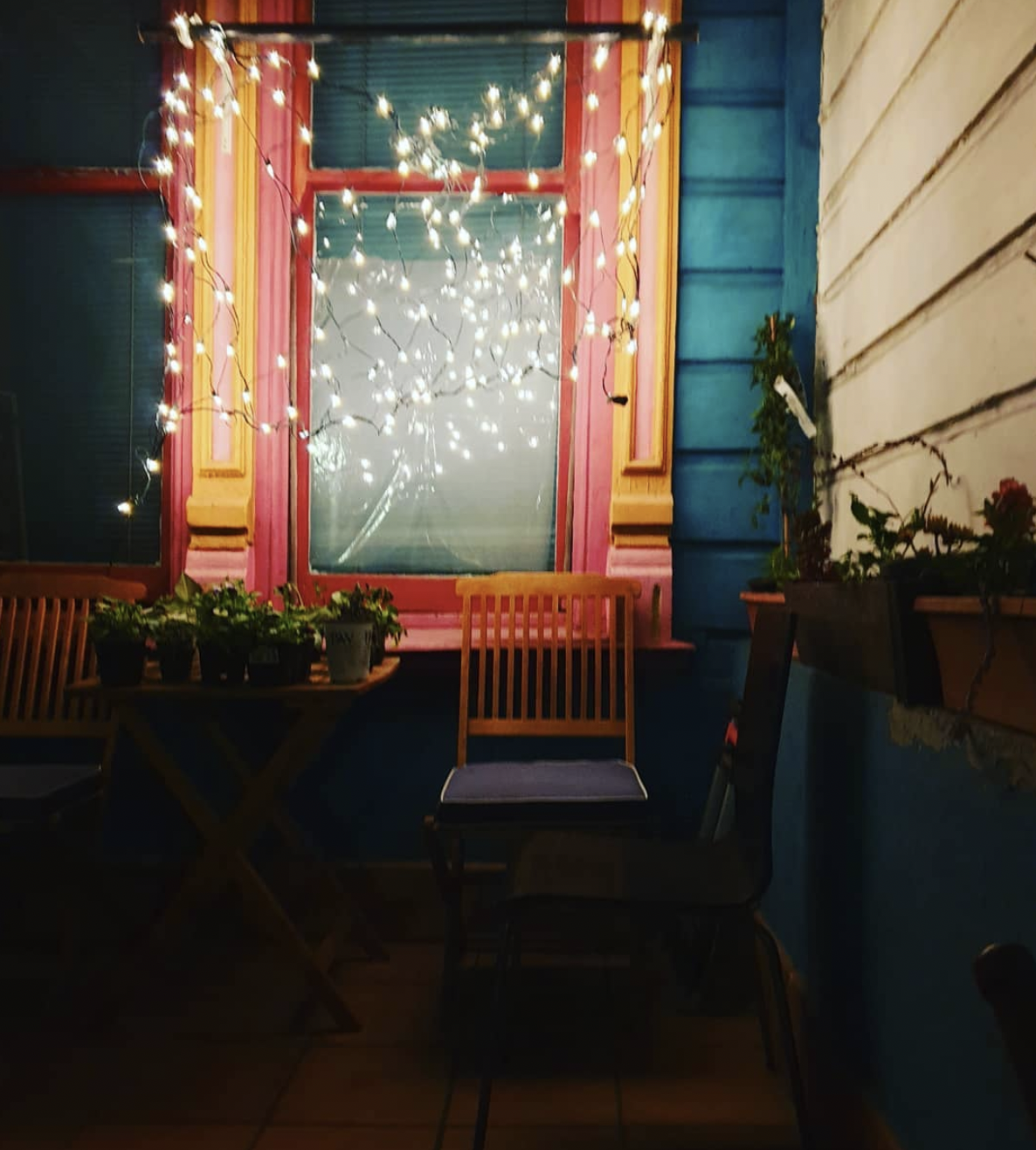Colorful window with string lights and potted plants on a cozy porch.