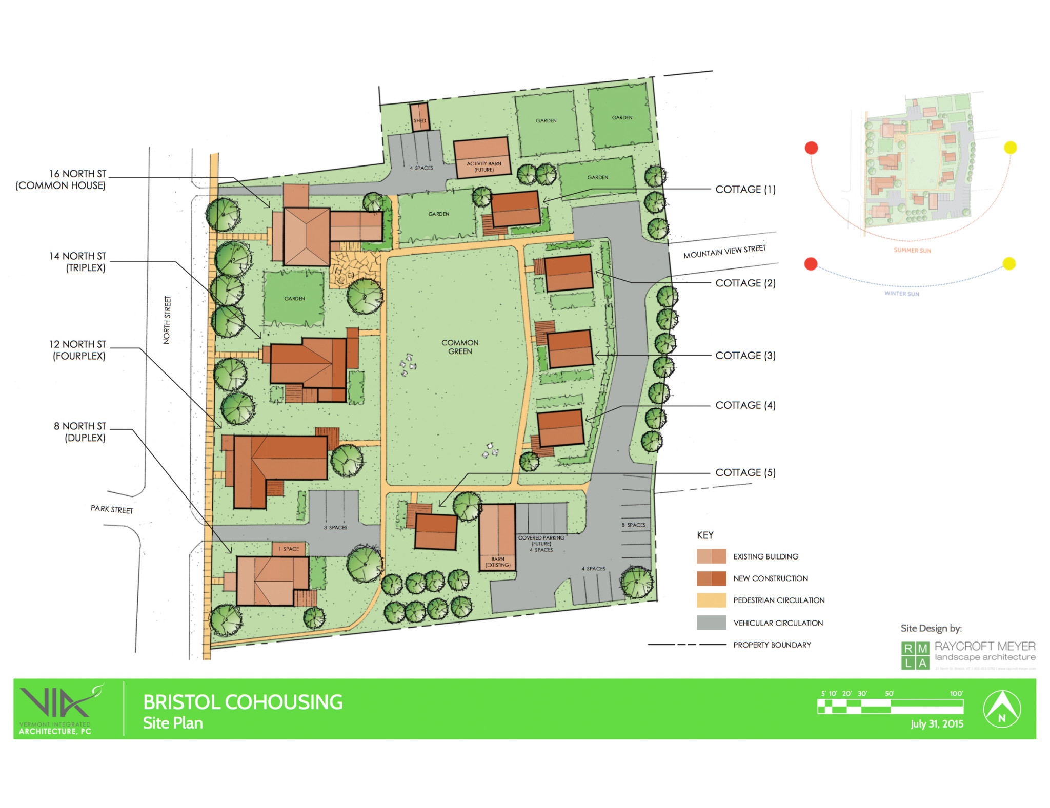 Bristol Cohousing site plan with residential cottages and common green space.