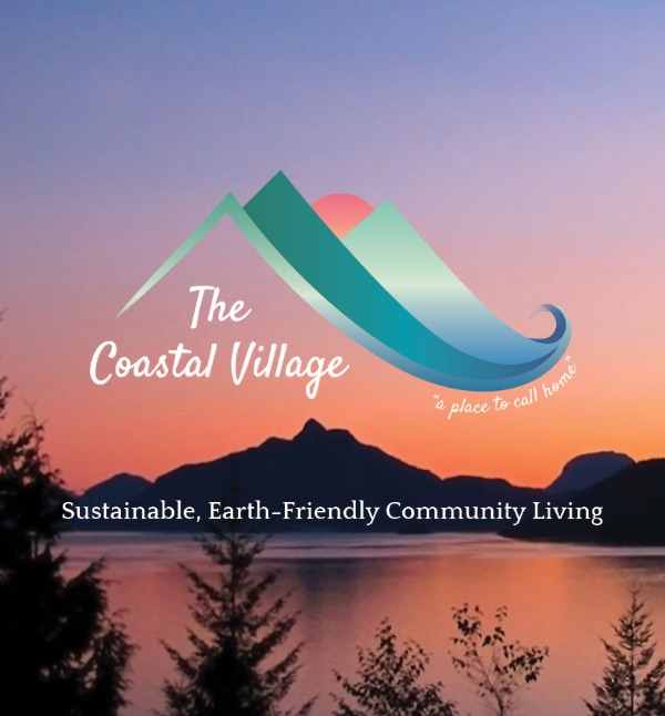Logo of The Coastal Village with mountains and sunset background.