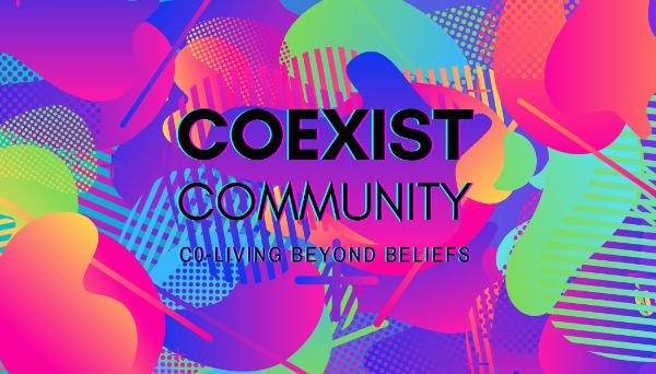 Colorful abstract background with 'COEXIST COMMUNITY' text for intentional community.