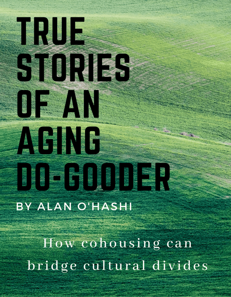 Book cover for 'True Stories of an Aging Do-Gooder' by Alan O'Hashi with green landscape background.