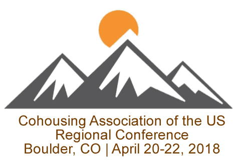 Cohousing Association mountain logo with sun, Boulder, CO conference details.